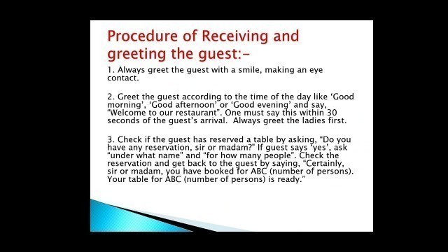 'Food and Beverage Service Operation-  Procedure of Receiving The Guest.'