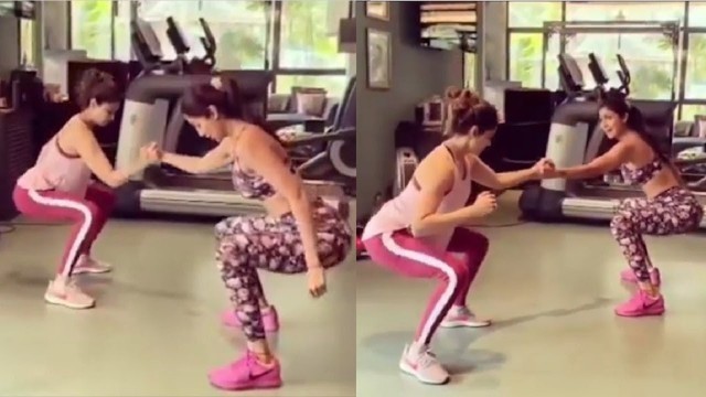 'Shilpa Shetty WORKOUT Video With Sister Shamita Shetty At Her House'